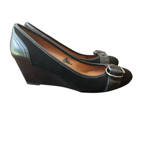 Calvin Klein SONDRA Black Suede & Leather Wedge Pumps Size 7.5 Buckle Detail - Picture 6 of 10